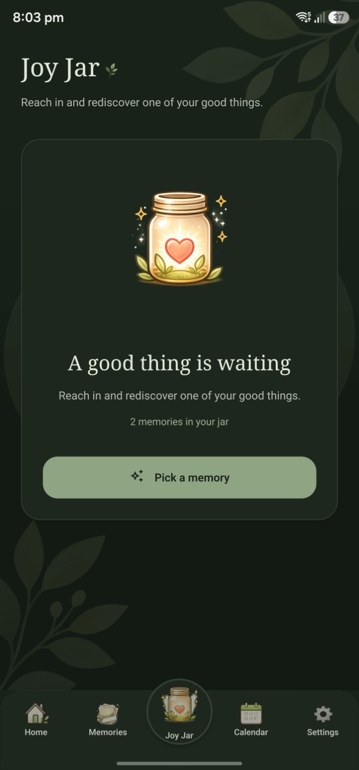 One Good Thing Joy Jar screen with an option to rediscover a saved memory